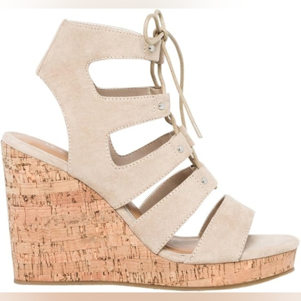 LE CHATEAU Nude Faux Suede Lace-up Wedge Sandals - Size EU 37